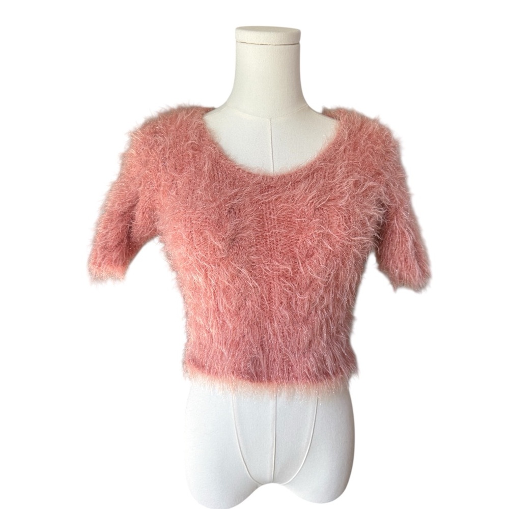 TACH Fuzzy NWT  Blush Pink Fuzzy Glitter Knit Short Sleeve Top XS